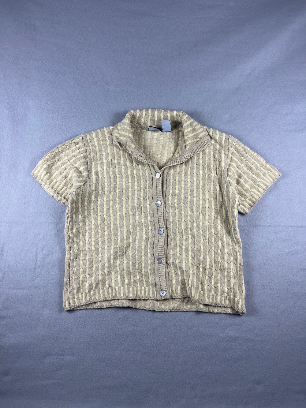 Vintage Lizsport Cardigan Womens M Beige Button Up Collar Ribbed Knit Cropped